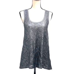 PURE DKNY METALLIC PEWTER/DARK GRAY LACE OVER SILK SCOOP NECK TANK TOP